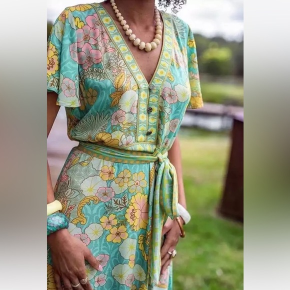 Boho Floral Solei Maxi Faux Wrap Ruffle Dress With Butterfly Sleeves - Picture 2 of 9